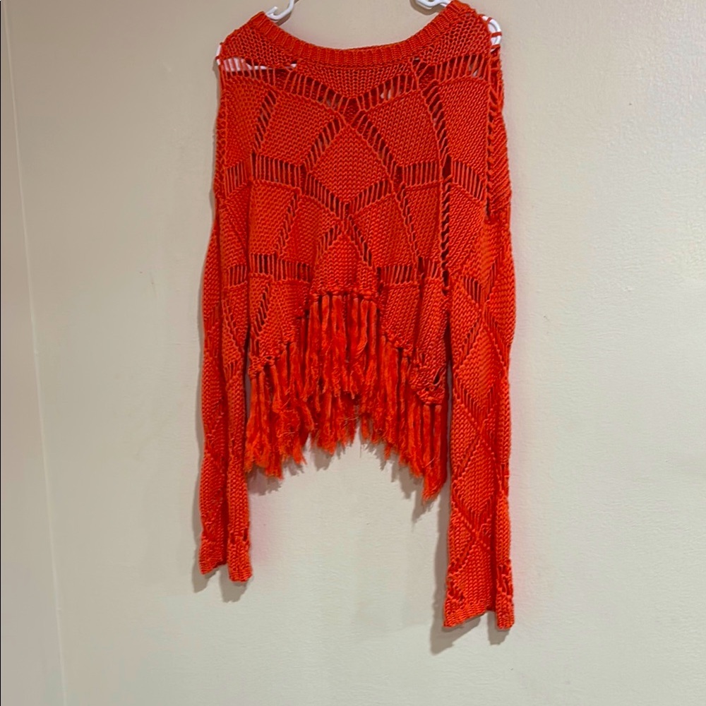 Peach Love California Red Crew Neck Sweater with Fringe